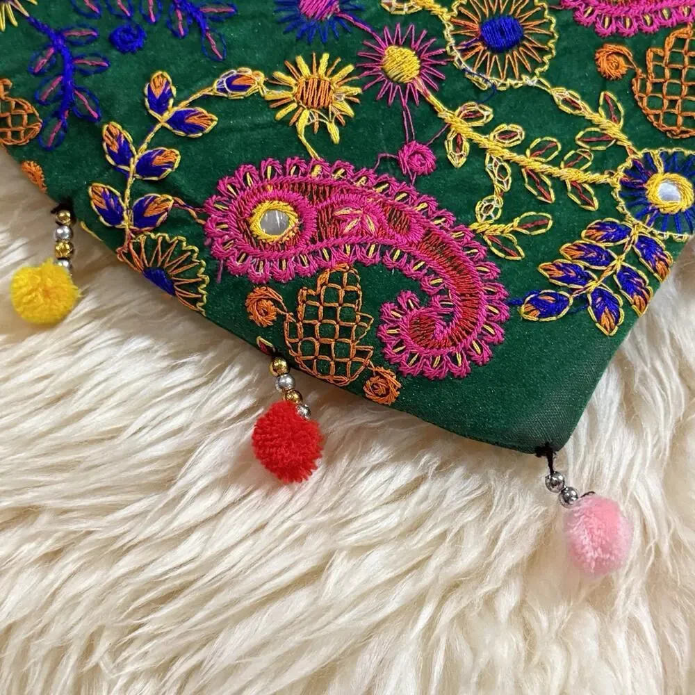 Artisan Boho Colorful Embroidered Silk Felted Floral Paisley Tote Shopping Bag